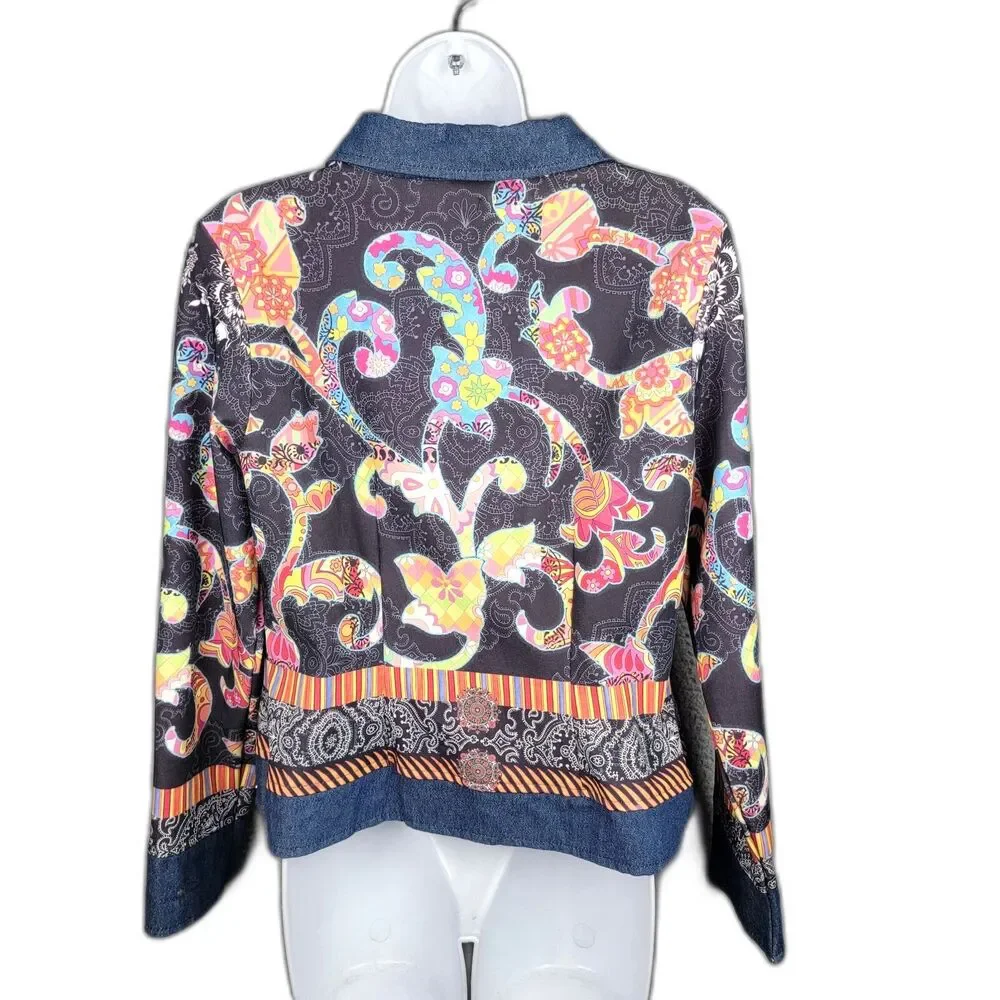 Cubism Full Zip Jacket Navy Multicolor M Rhinestone Art To Wear Vintage 90s